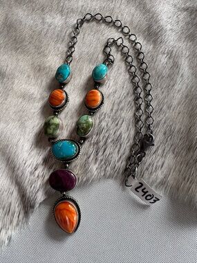 Native American Multi-Stone Turquoise & Orange Statement Necklace